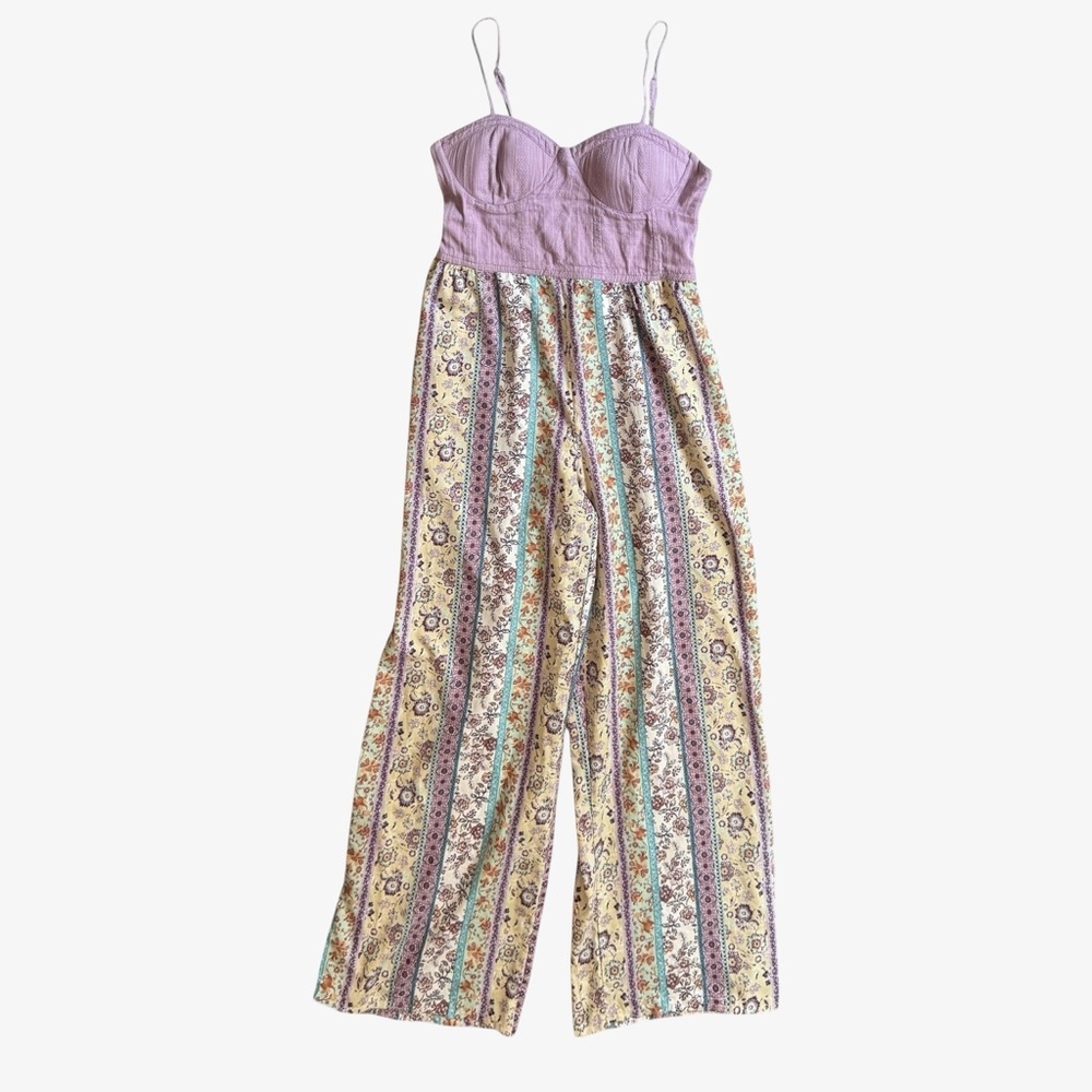 B.O.G. Collective Women’s Boho Floral Print Wide Leg Pants Jumpsuit, Purple, M